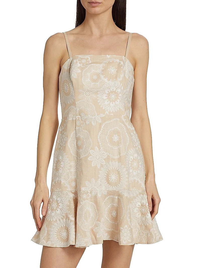 Medallion Embroidered Linen-Blend Minidress