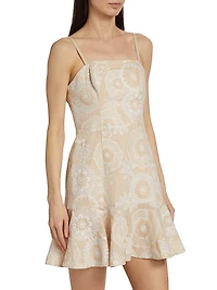 Medallion Embroidered Linen-Blend Minidress