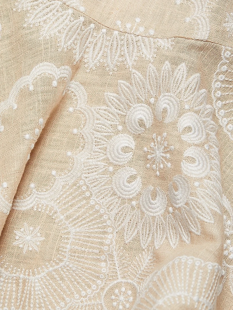 Medallion Embroidered Linen-Blend Minidress