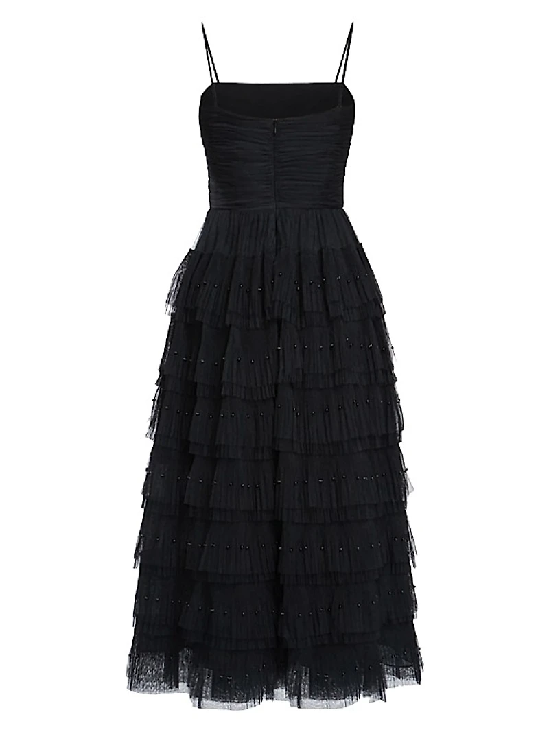 Beaded Layered Tulle Midi-Dress