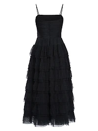 Beaded Layered Tulle Midi-Dress