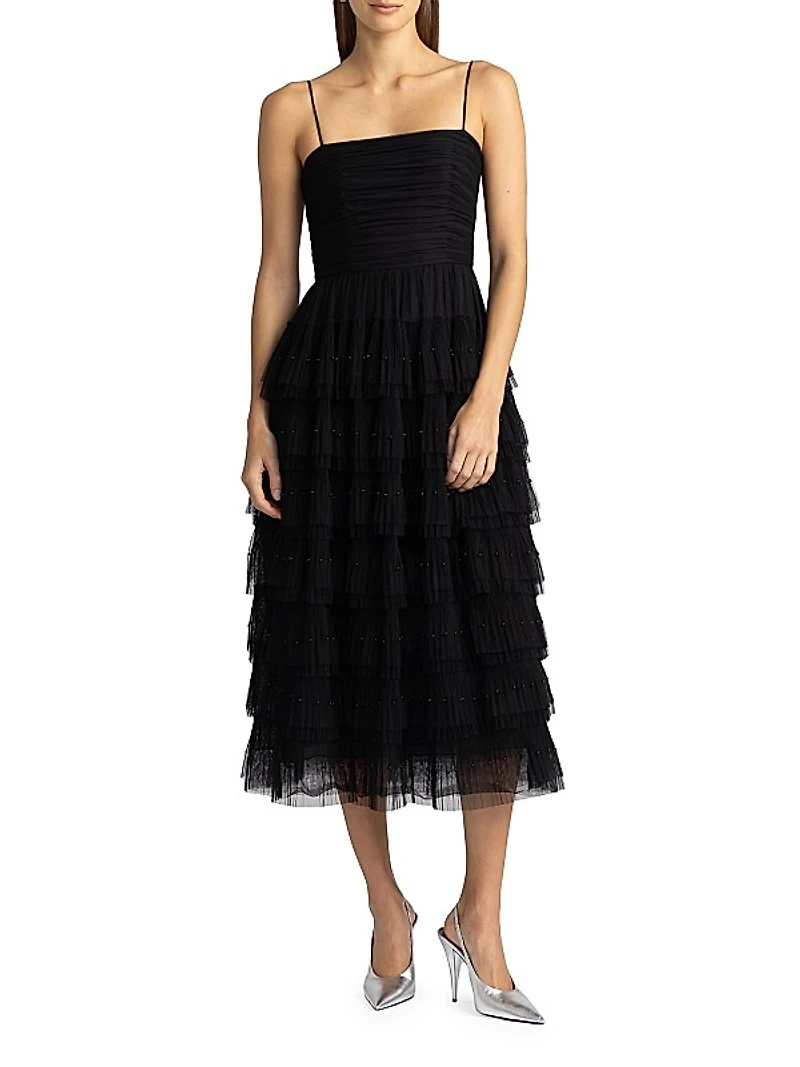 Beaded Layered Tulle Midi-Dress