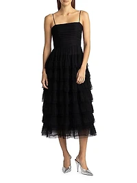 Beaded Layered Tulle Midi-Dress