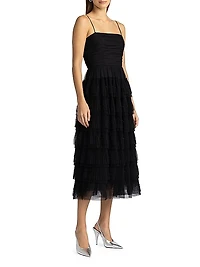 Beaded Layered Tulle Midi-Dress