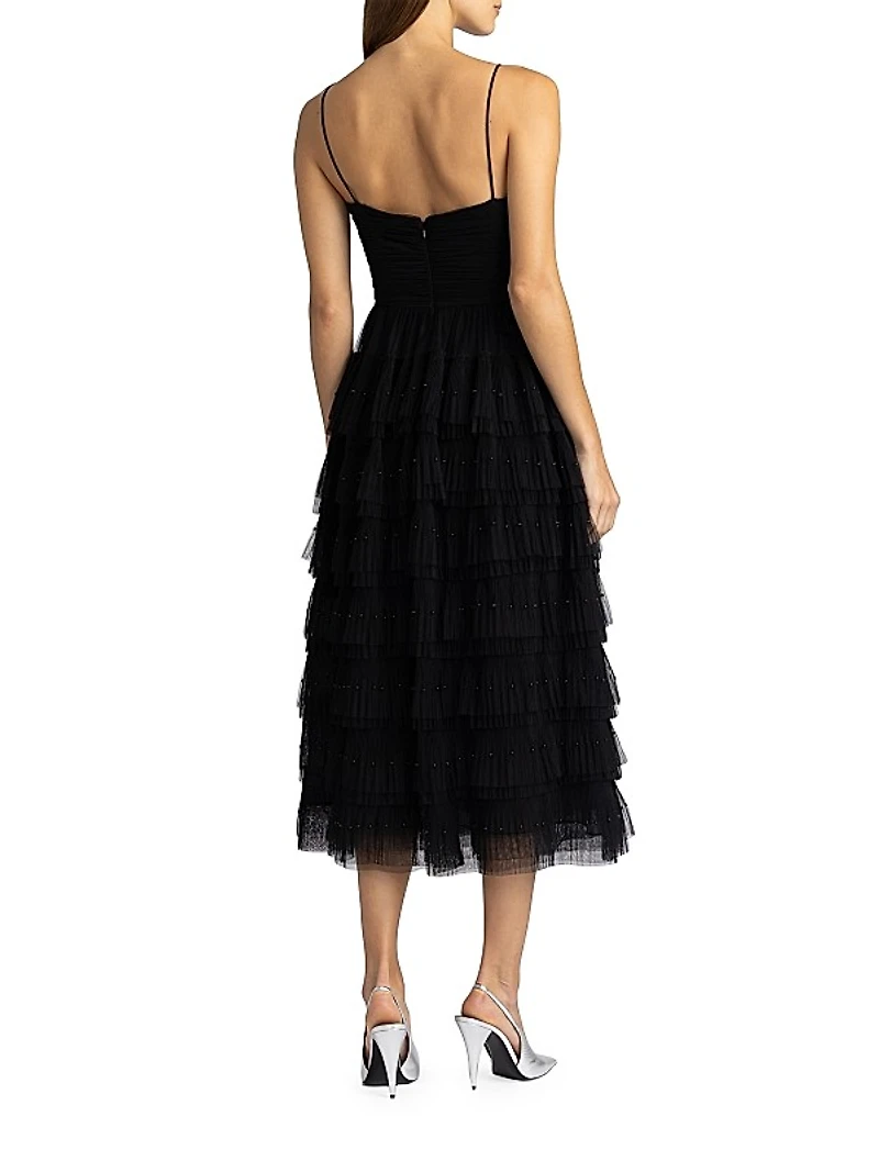 Beaded Layered Tulle Midi-Dress