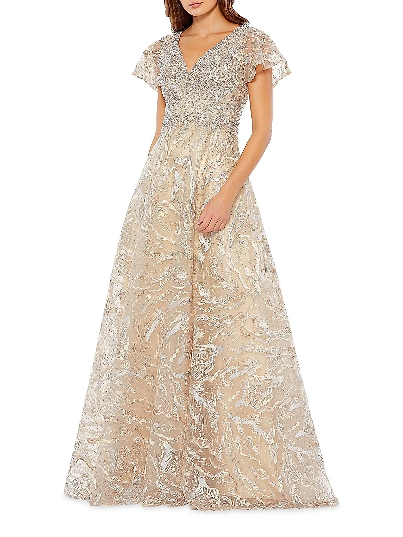 Beaded & Embroidered Short-Sleeve Gown