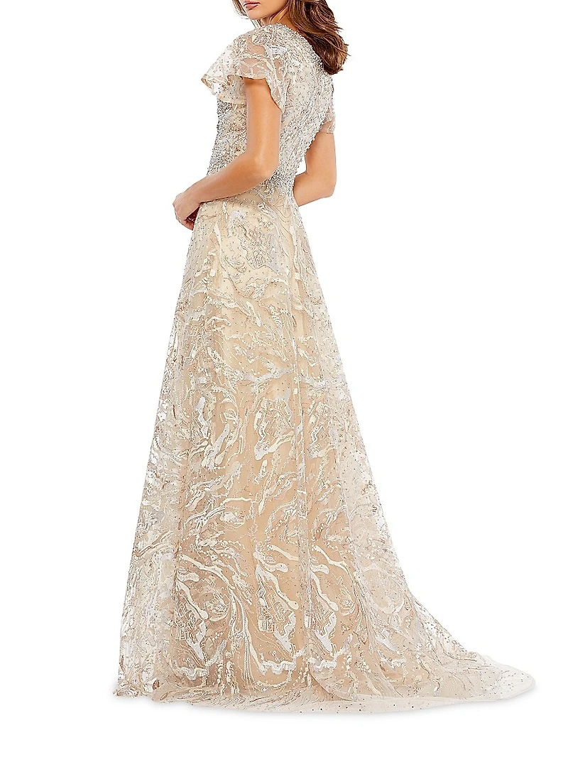 Beaded & Embroidered Short-Sleeve Gown