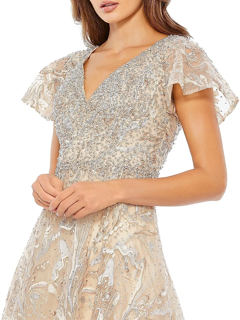 Beaded & Embroidered Short-Sleeve Gown