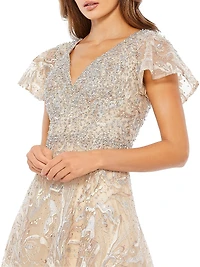 Beaded & Embroidered Short-Sleeve Gown