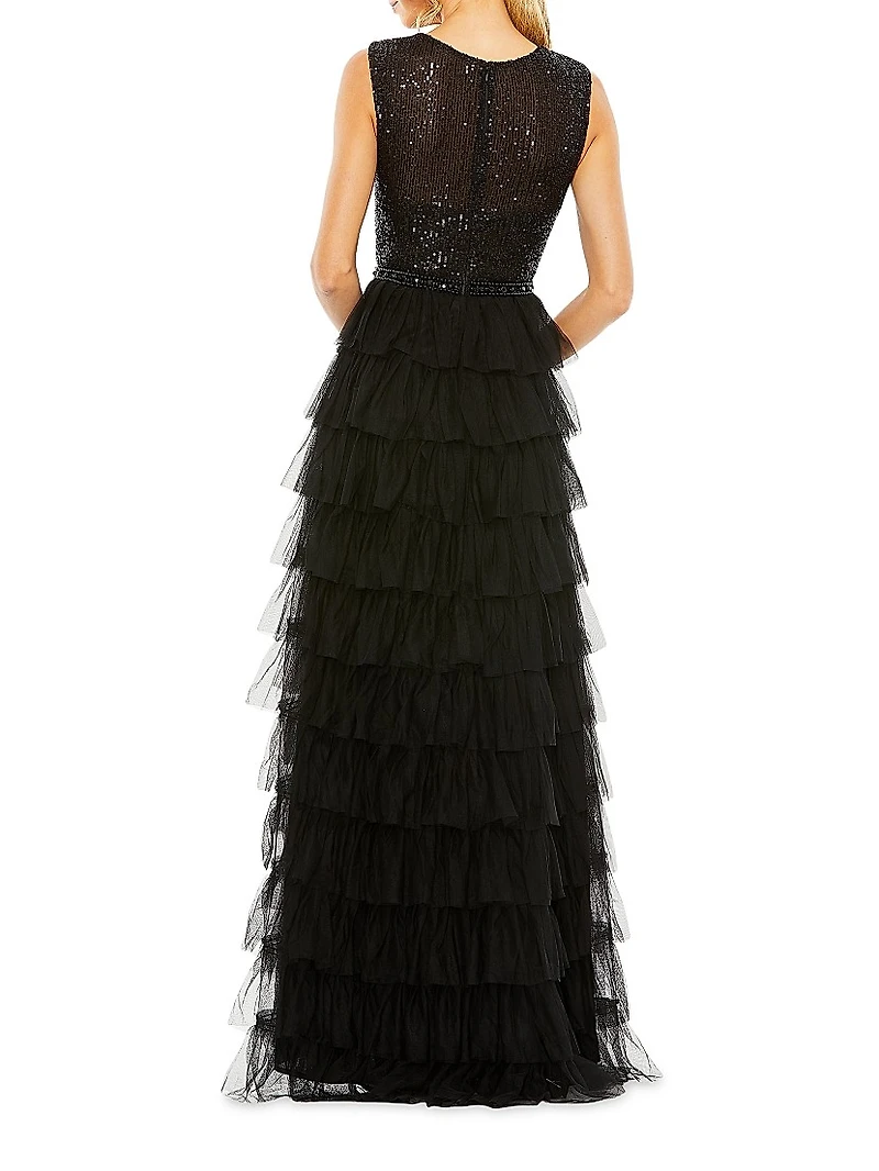 Sequin Tulle Ruffled Gown