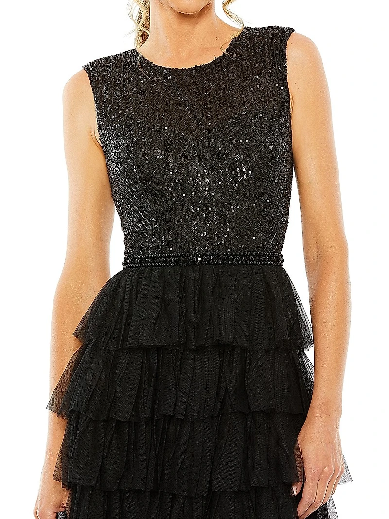 Sequin Tulle Ruffled Gown