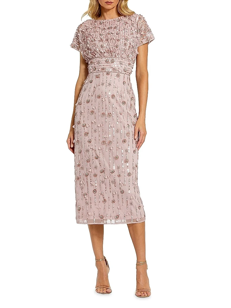 Sequin Beaded Cap-Sleeve Midi-Dress