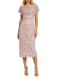 Sequin Beaded Cap-Sleeve Midi-Dress