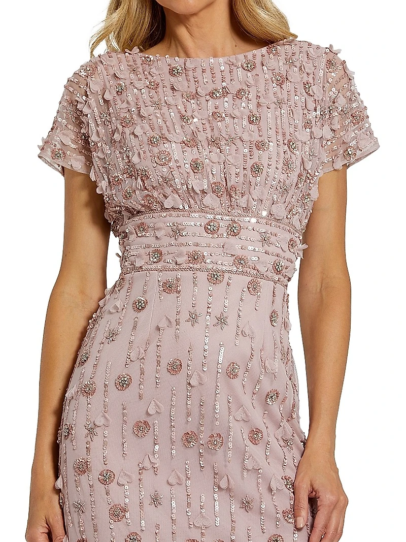 Sequin Beaded Cap-Sleeve Midi-Dress