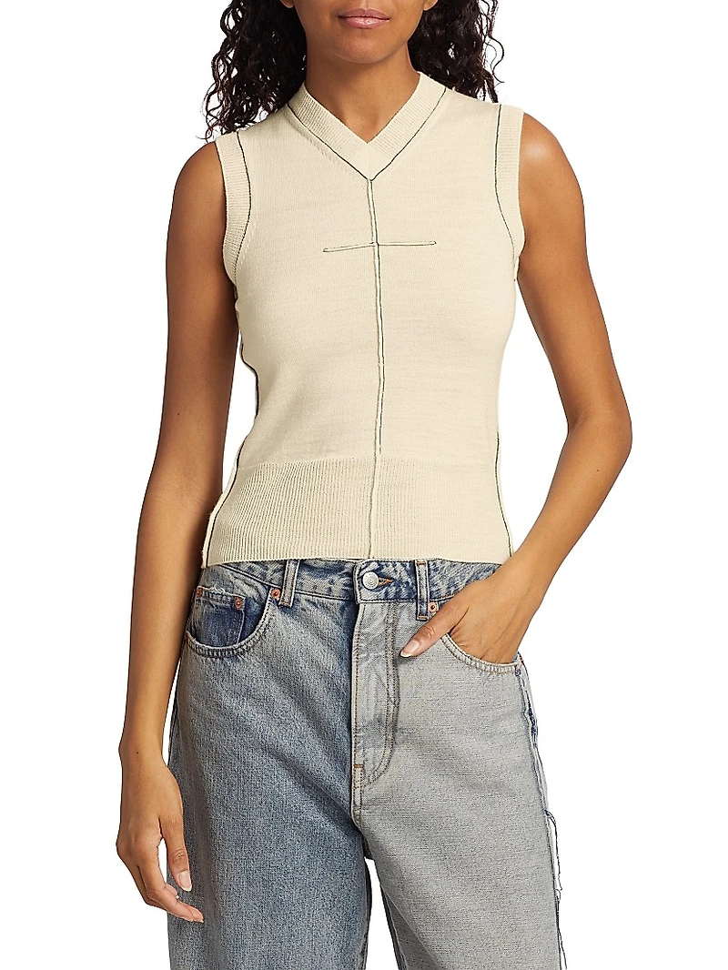 Exposed-Seam Stretch Wool V-Neck Vest