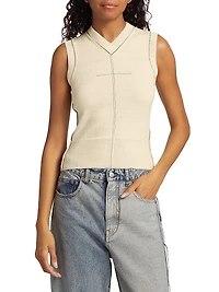 Exposed-Seam Stretch Wool V-Neck Vest