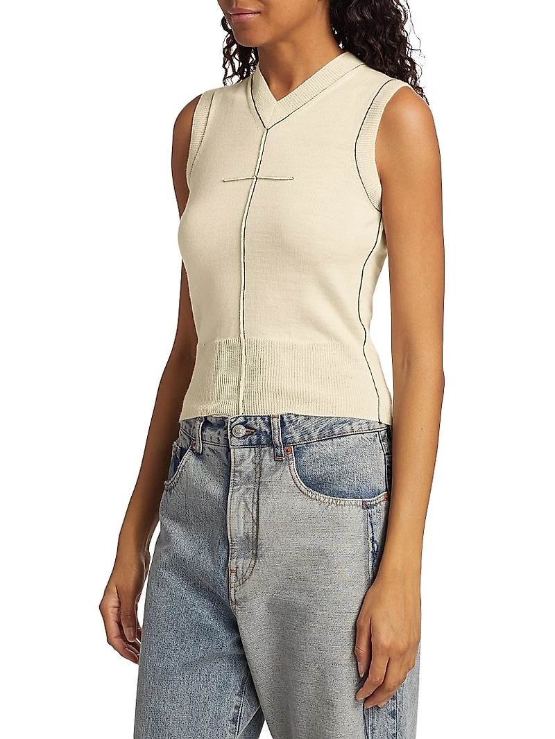 Exposed-Seam Stretch Wool V-Neck Vest