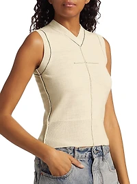 Exposed-Seam Stretch Wool V-Neck Vest