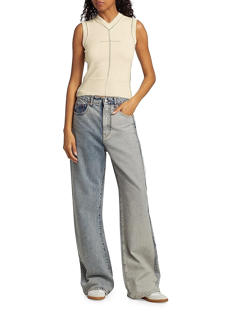 Exposed-Seam Stretch Wool V-Neck Vest