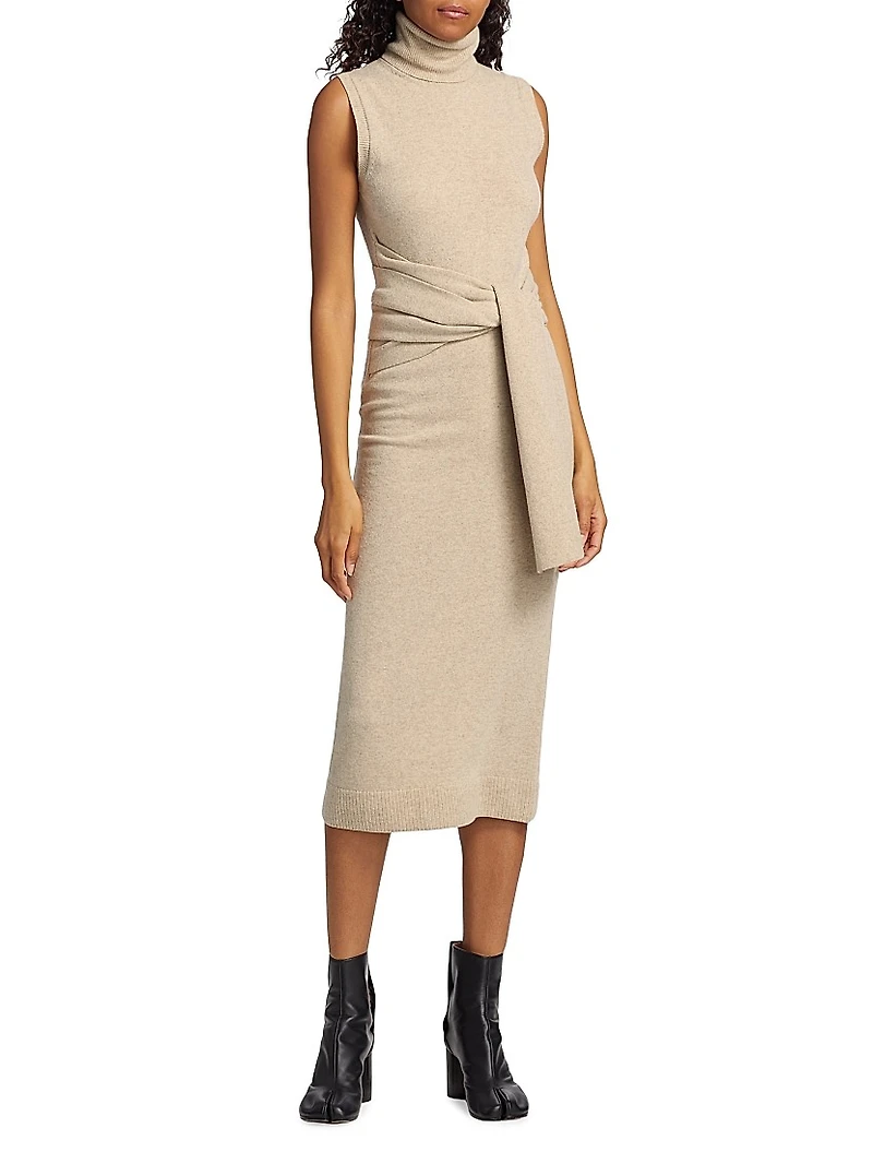 Wool-Blend Tie-Waist Turtleneck Midi-Dress