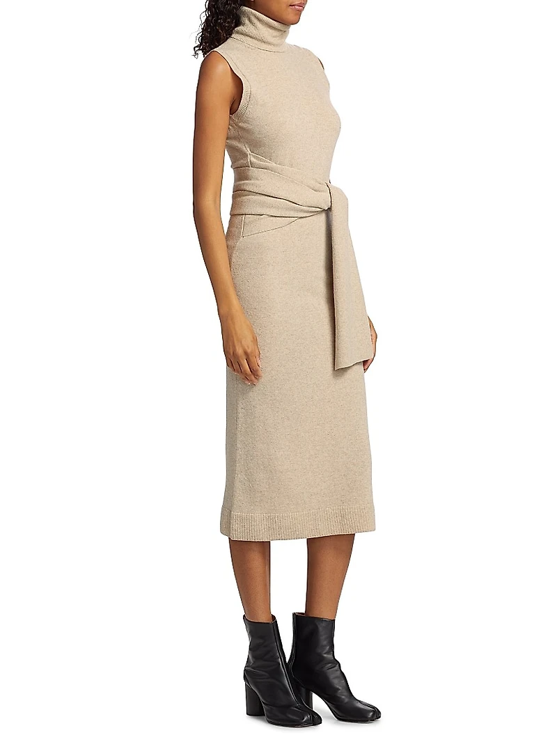 Wool-Blend Tie-Waist Turtleneck Midi-Dress