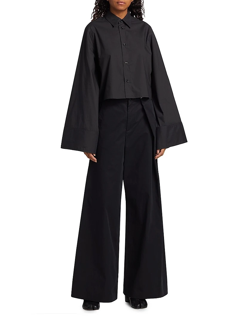 Cotton Gabardine Foldover Wide-Leg Pants