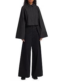 Cotton Gabardine Foldover Wide-Leg Pants