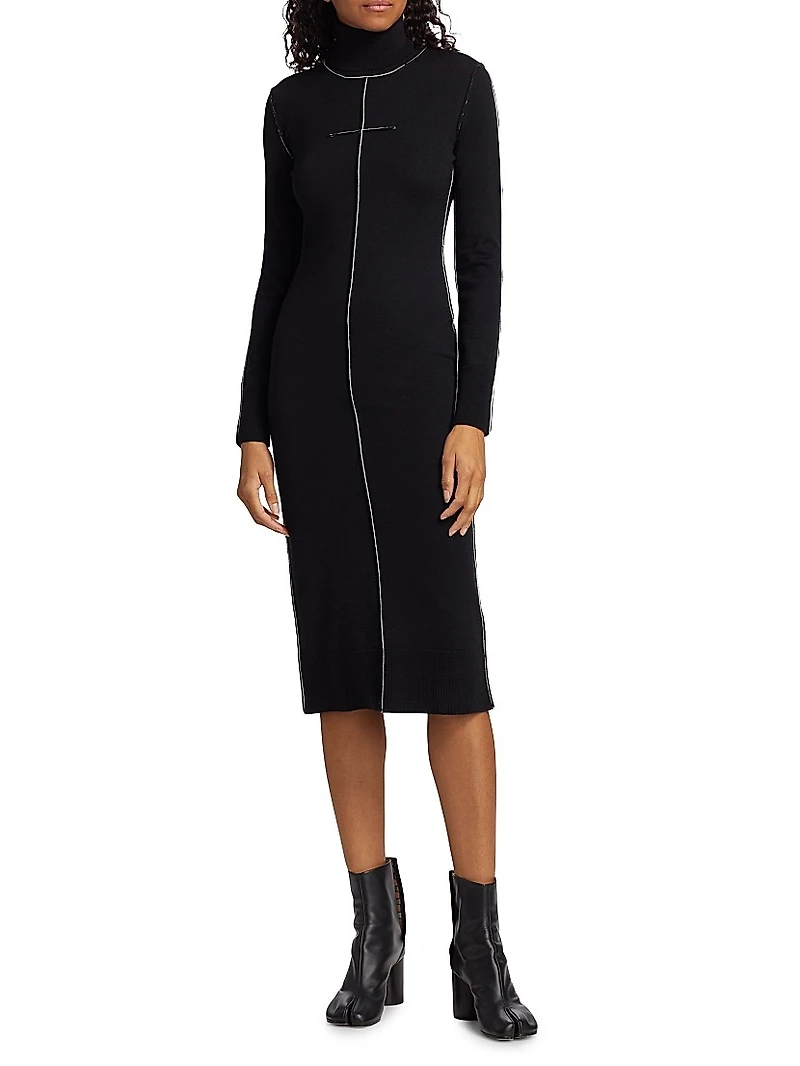 Exposed-Seam Wool-Blend Knit Midi-Dress