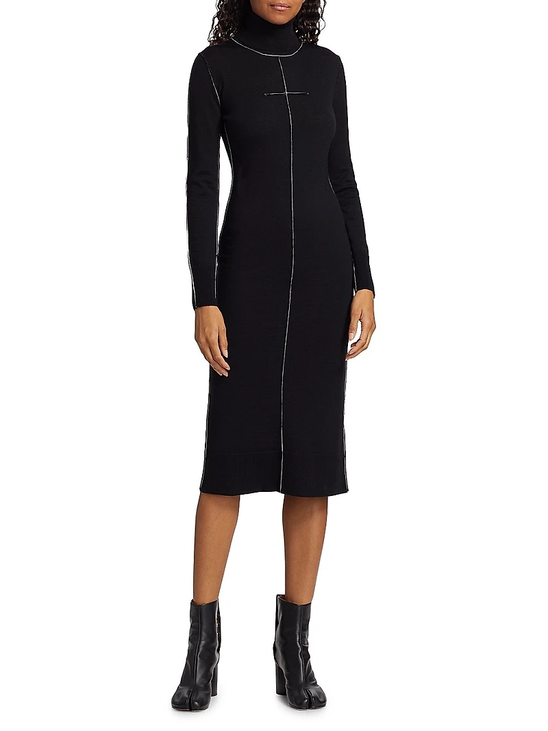 Exposed-Seam Wool-Blend Knit Midi-Dress