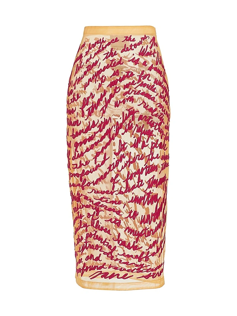 Cheever Cursive Embroidered Sheer Midi-Skirt