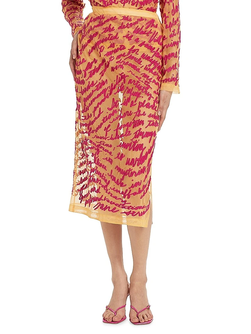 Cheever Cursive Embroidered Sheer Midi-Skirt