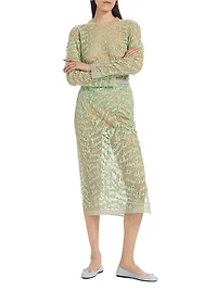 Cheever Cursive Embroidered Sheer Midi-Skirt