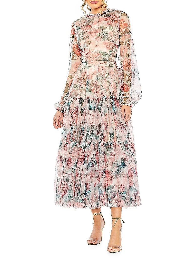 Floral Chiffon Balloon-Sleeve Midi-Dress