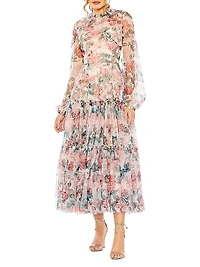 Floral Chiffon Balloon-Sleeve Midi-Dress