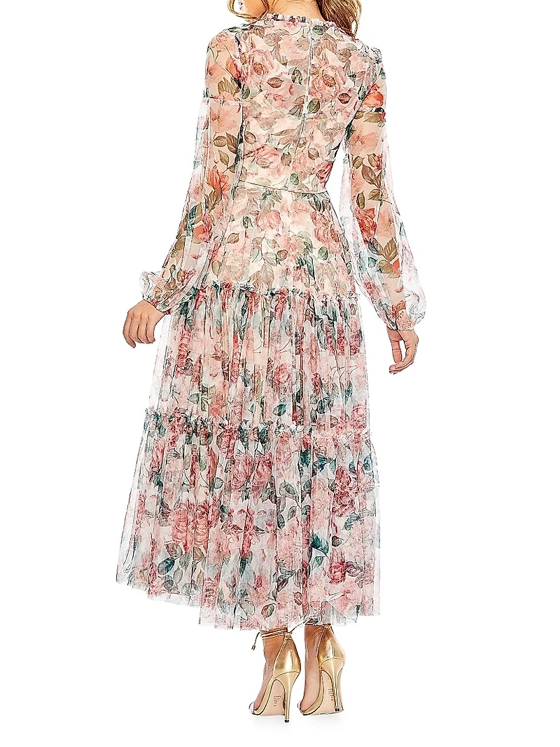 Floral Chiffon Balloon-Sleeve Midi-Dress