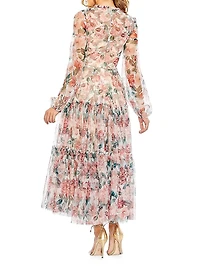 Floral Chiffon Balloon-Sleeve Midi-Dress