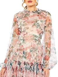Floral Chiffon Balloon-Sleeve Midi-Dress