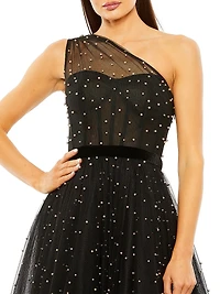 Embellished Tulle One-Shoulder Midi-Ballgown