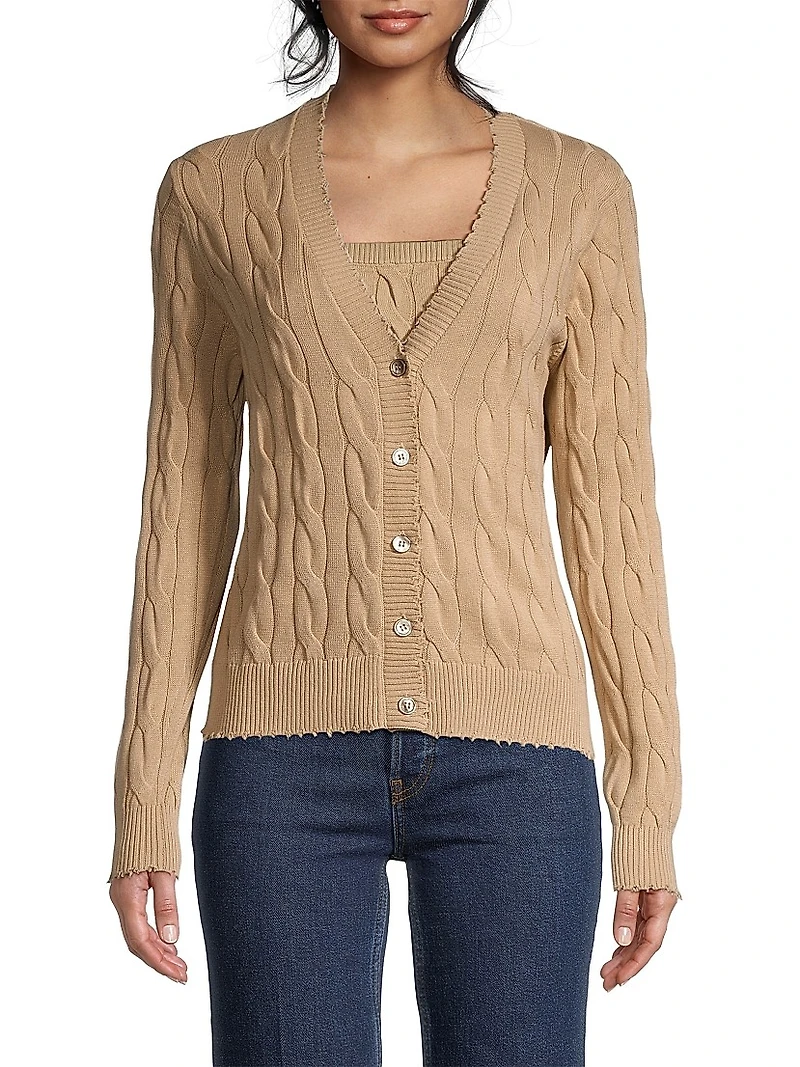 Frayed Cable-Knit Cardigan
