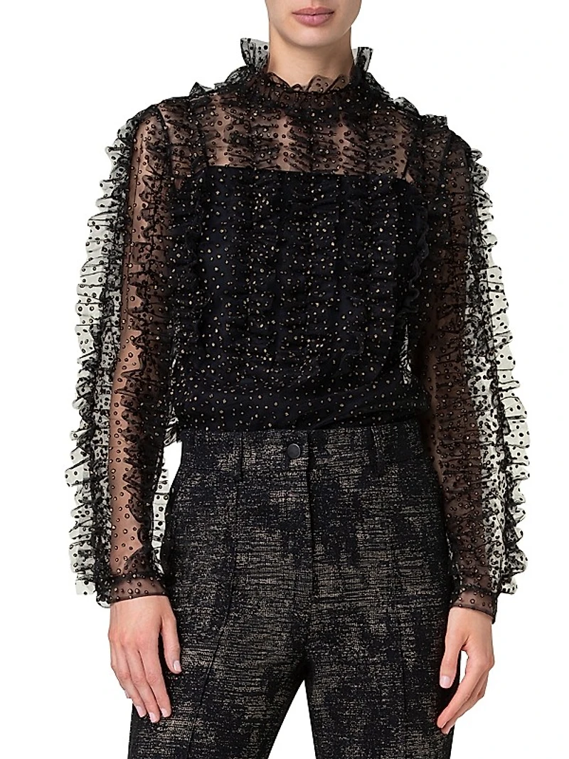 Metallic-Dot Ruffled Tulle Blouse