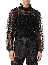 Metallic-Dot Ruffled Tulle Blouse