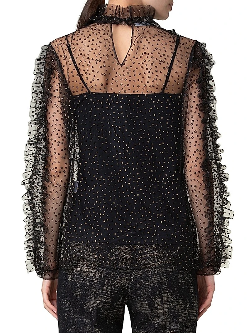 Metallic-Dot Ruffled Tulle Blouse