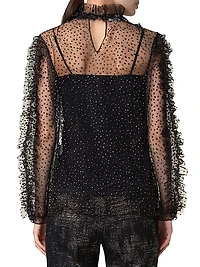 Metallic-Dot Ruffled Tulle Blouse