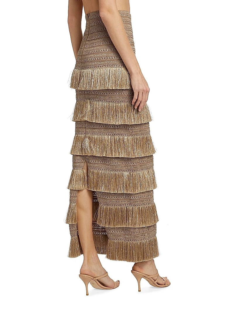 Metallic Tiered Fringe Midi-Skirt