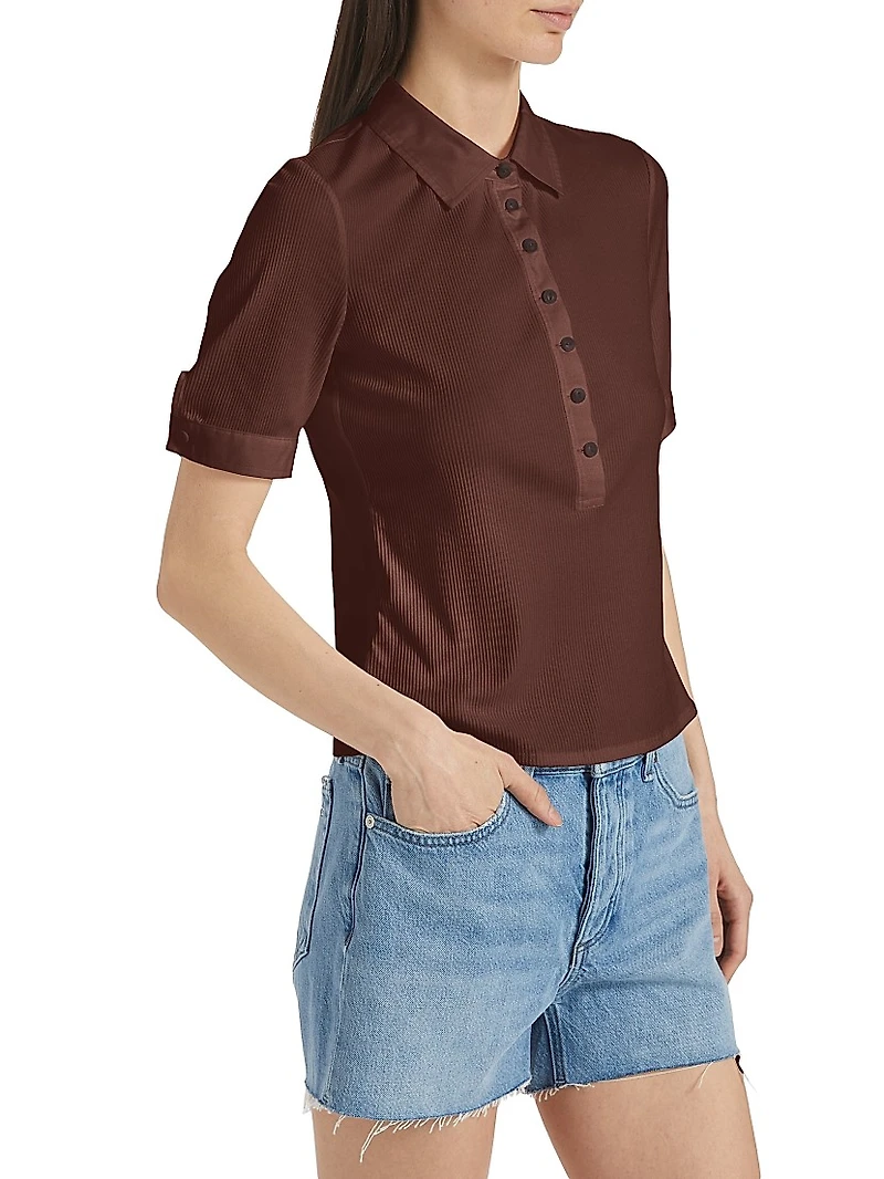 Rib-Knit Mixed-Media Polo Shirt