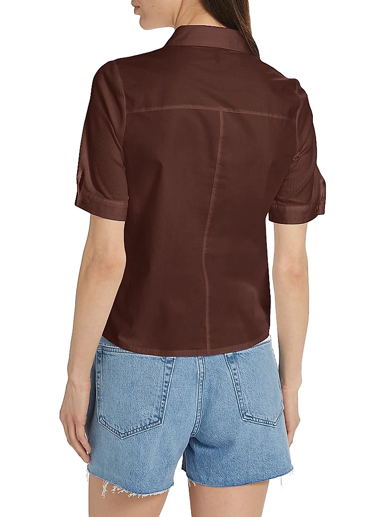 Rib-Knit Mixed-Media Polo Shirt