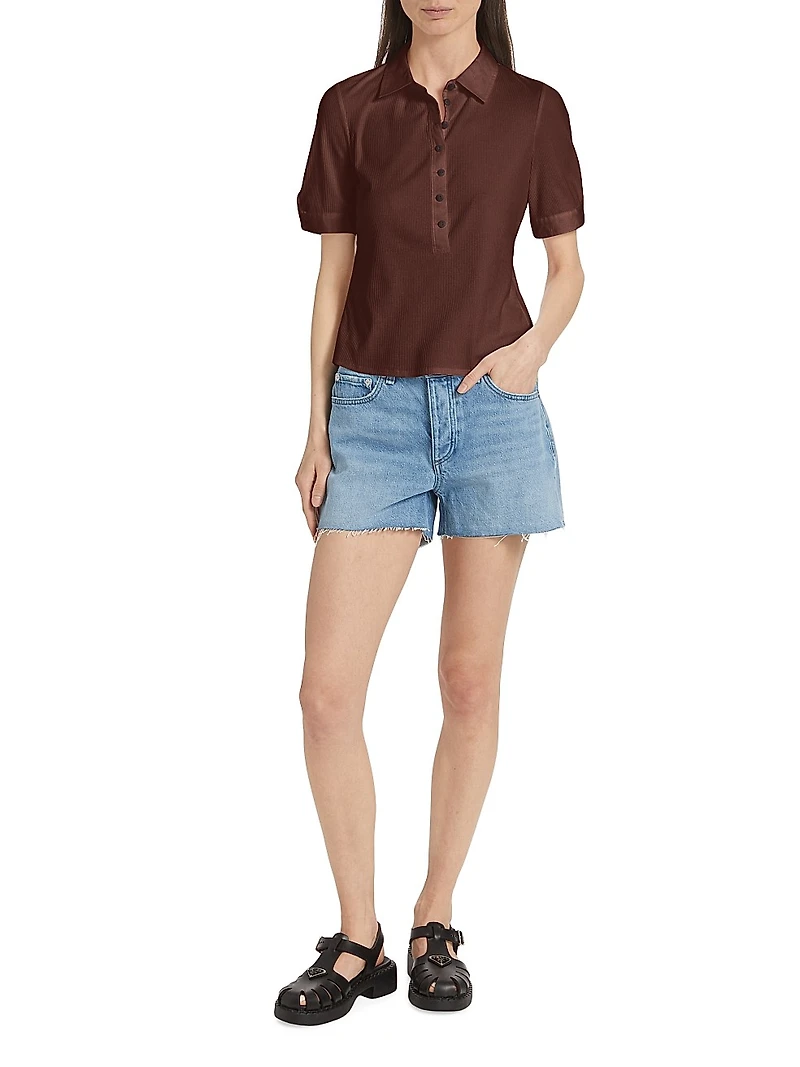 Rib-Knit Mixed-Media Polo Shirt