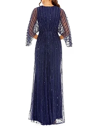 Wide-Sleeve Sequin Beaded Gown
