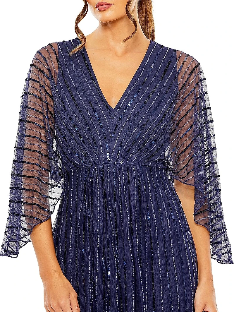 Wide-Sleeve Sequin Beaded Gown