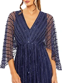 Wide-Sleeve Sequin Beaded Gown